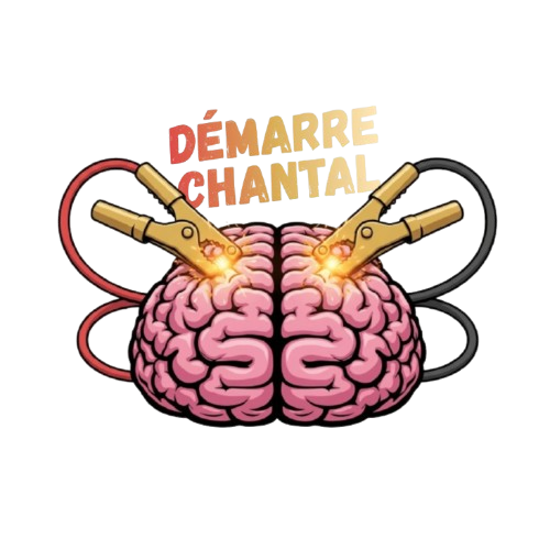 Logo officiel Démarre Chantal — cerveau rose démarré par deux pinces crocodiles dorées
